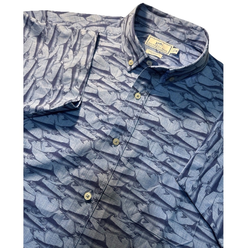 Southern Tide Shirt Men's M Blue Button Up Island Print Performance Short Sleeve